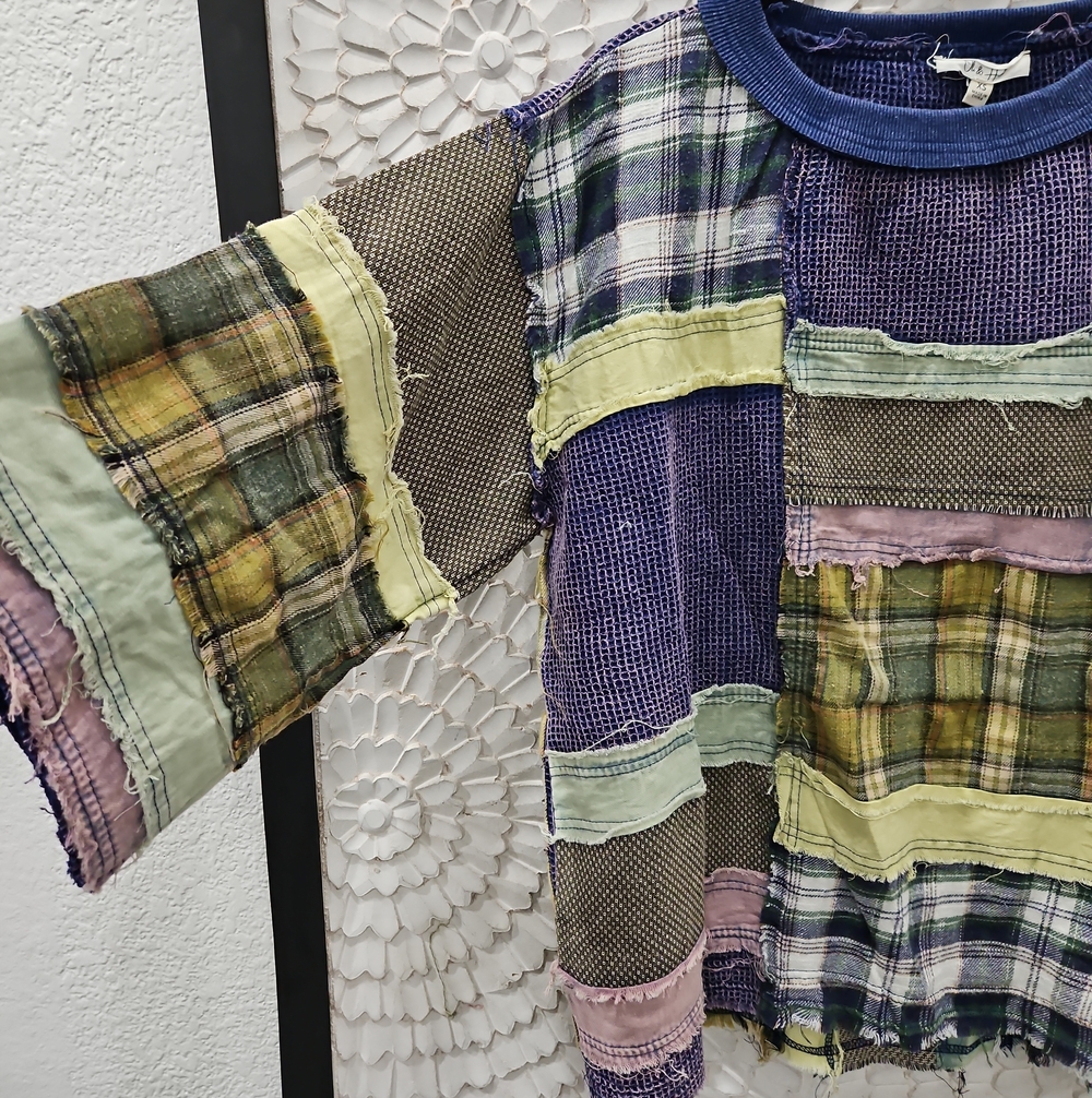 Patchwork Plaid Relaxed Waffle Upcycled Women's Top in Green & Blue Oversized - Picture 4 of 8